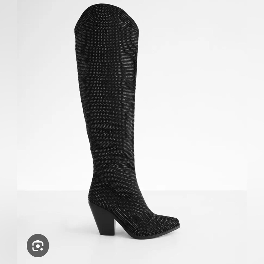 Black Glittery Knee-High Heeled Boots